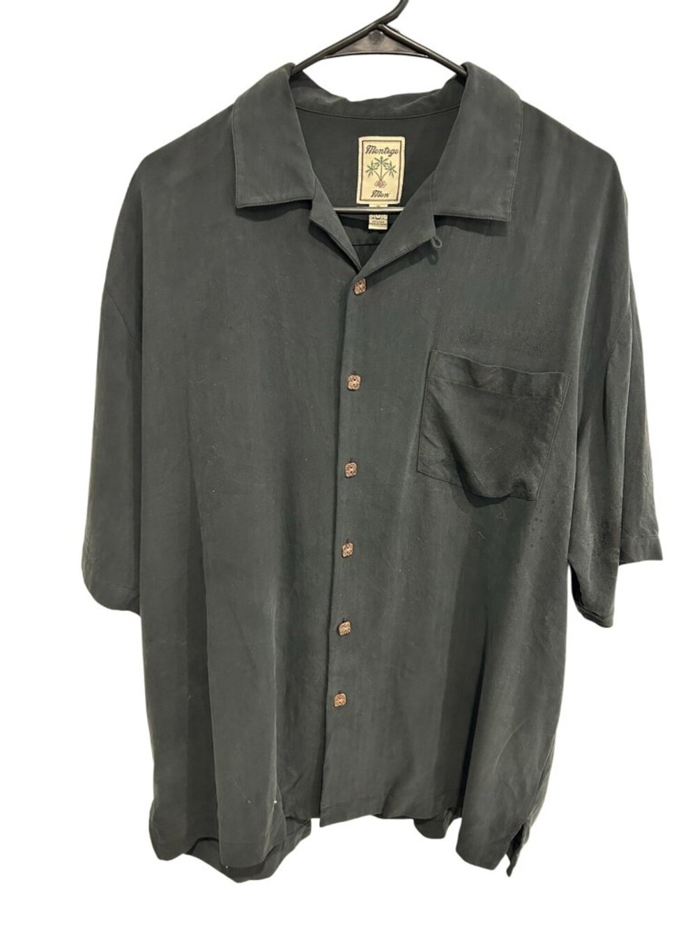 Montego Mon Silk Button Front Short Sleeve Shirt Black Sz Large Retro Classic